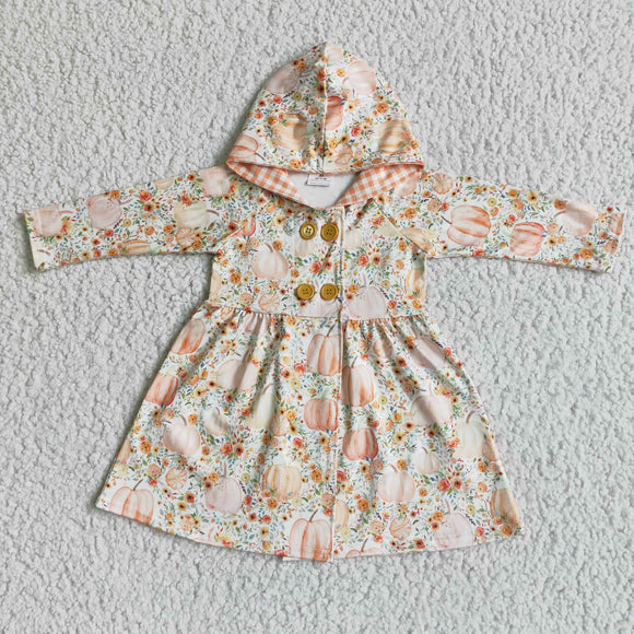 Pumpkin Floral Hoodie Girls Long Sleeve Dress Coat