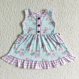 Floral Purple Plaid Pockets Blue Girls Sleeveless Dress