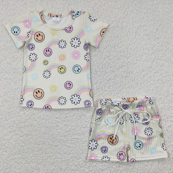 Floral Rainbow Off-white Girls Shorts Sets