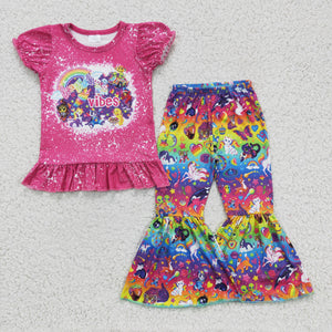 Cartoon Tiger Hot Pink Ruffles Girls Short Sleeve+Trousers Sets