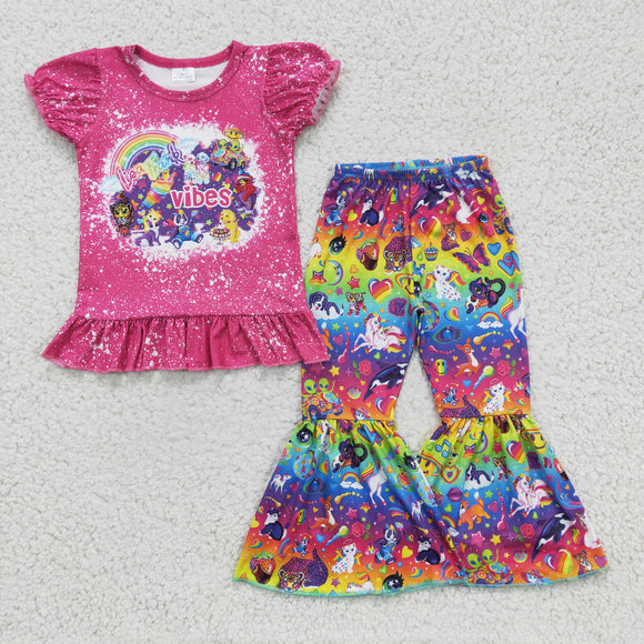 Cartoon Tiger Hot Pink Ruffles Girls Short Sleeve+Trousers Sets