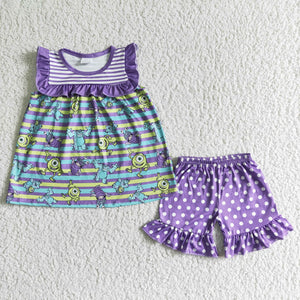 Promotional Cartoon Eye Purple Stripes Girls Shorts Sets