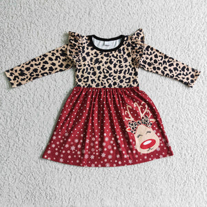 Reindeer Leopard Print Girls Christmas Dress