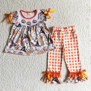 Pumpkin Rainbow Orange Plaid Girls Halloween Outfits