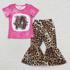 Horse Leopard Print Hot Pink Girls Short Sleeve+Trousers Sets