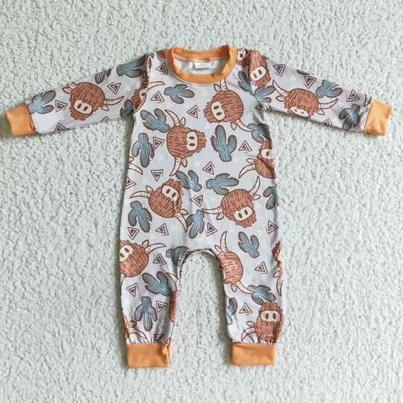 Highland Cow Cactus Orange Baby Fall Romper