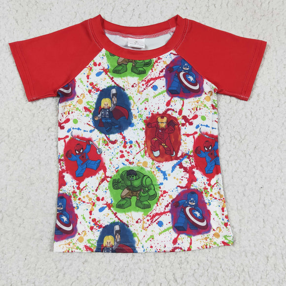 Cartoon Hero White Red Boys Short Sleeve Top