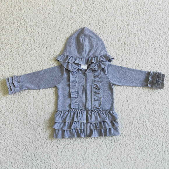Solid Gray Ruffle Girls Hoodie Top
