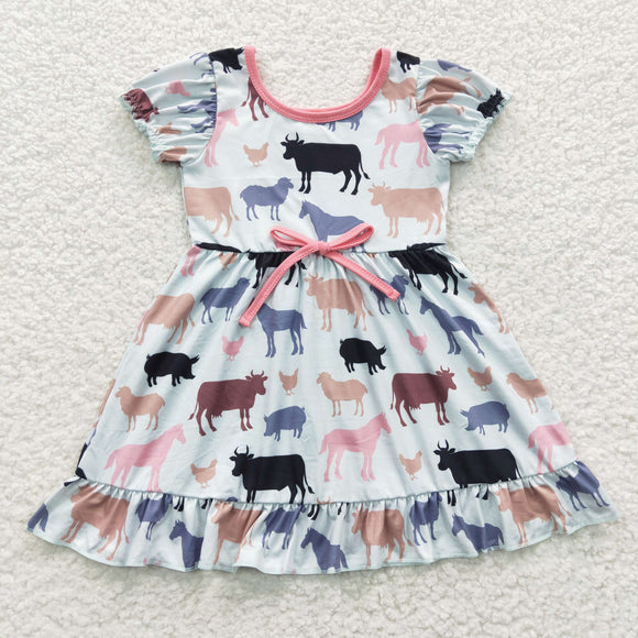 Promotional Cow Pig Horse Farm Animals Pink Girls Short Sleeve Dress