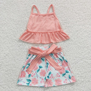 Promotional Solid Pink Belt Ruffles Floral Girls Shorts Sets