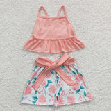 Promotional Solid Pink Belt Ruffles Floral Girls Shorts Sets