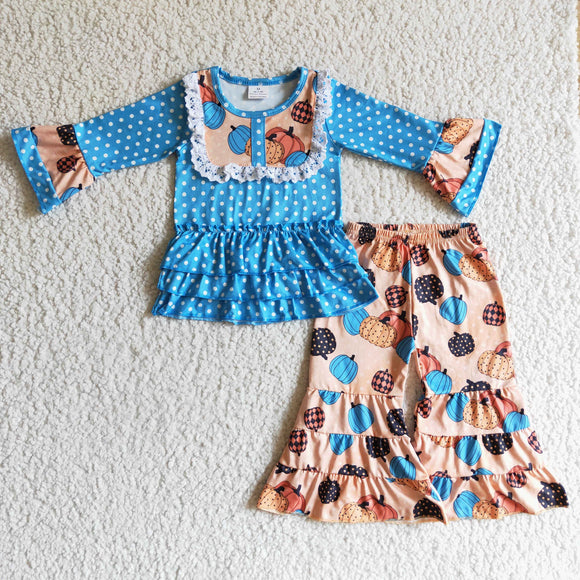 Pumpkin Lace Polka Dots Blue Girls Long Sleeve+Trousers Sets