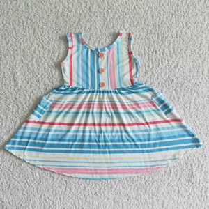 Sky Blue Stripes Pockets Girls Sleeveless Dress