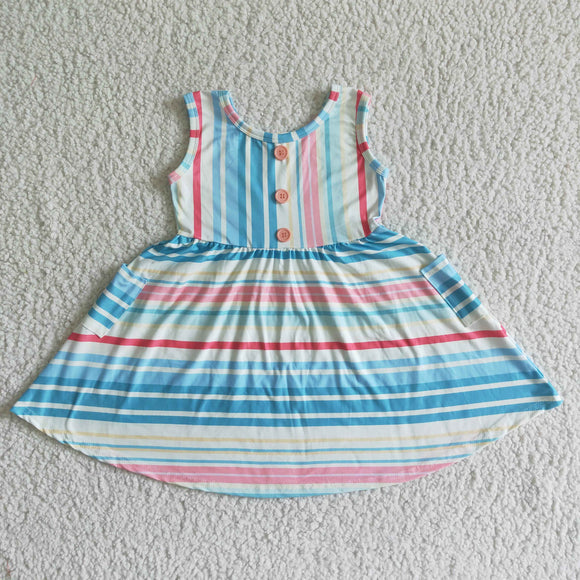 Sky Blue Stripes Pockets Girls Sleeveless Dress