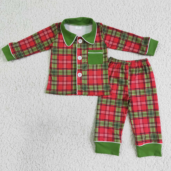 Red Plaid Green Collar Boys Christmas Pajamas