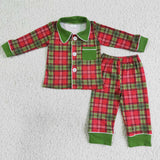 Red Plaid Green Collar Boys Christmas Pajamas