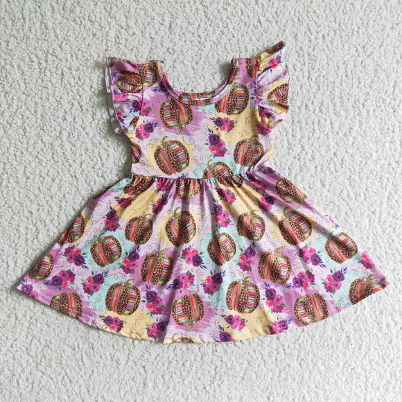 Pumpkin Floral Tie Dye Girls Flutter Sleeve Dress