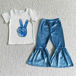 Promotional Yeah Blue Velvet Girls Short Sleeve+Trousers Sets