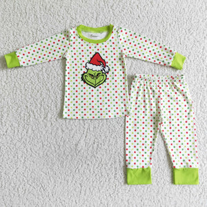 Cartoon Polka Dots Green Boys Christmas Pajamas