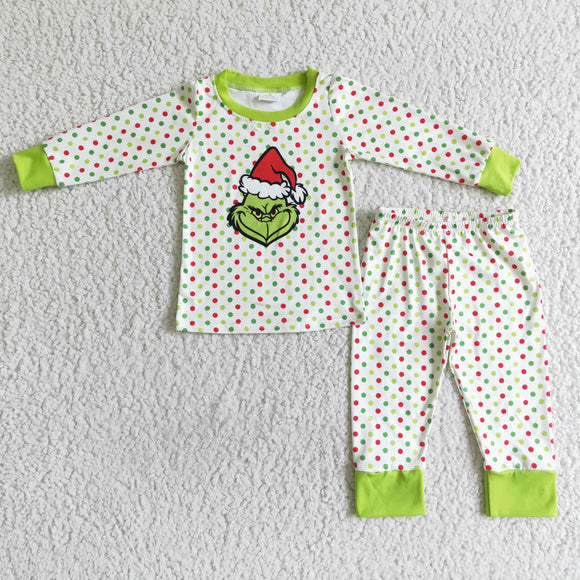 Cartoon Polka Dots Green Boys Christmas Pajamas