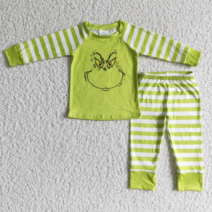 Cartoon Smile Green White Stripes Boys Christmas Pajamas