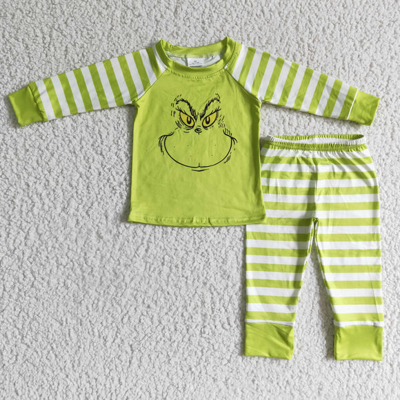 Cartoon Smile Green White Stripes Boys Christmas Pajamas