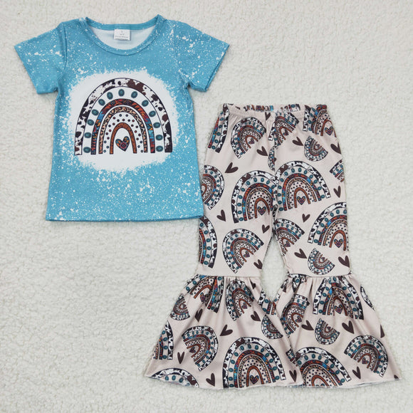Love Rainbow Sky Blue Girls Short Sleeve+Trousers Sets