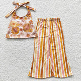 Floral Orange Stripe Banded Girls Short Sleeve+Trousers Sets