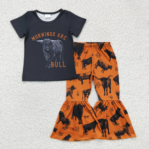 Promotional Mornings are Bull Letters Black Girls Short Sleeve+Trousers Sets