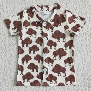 Cow Bull White Shirts Turn Down Collar Boys Short Sleeve Top