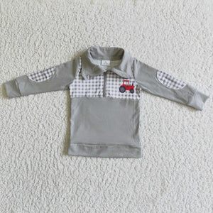 Tractor Plaid Gray Polo Boys Long Sleeve Tops