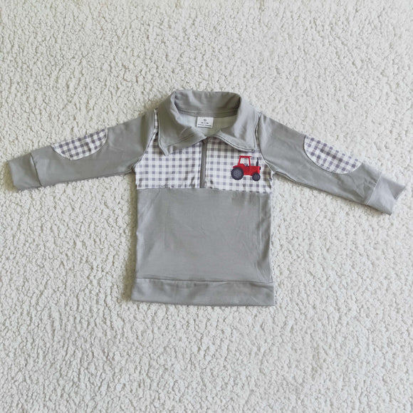Tractor Plaid Gray Polo Boys Long Sleeve Tops