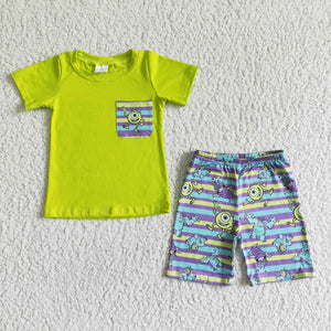 Cartoon Eye Pocket Green Boys Shorts Sets