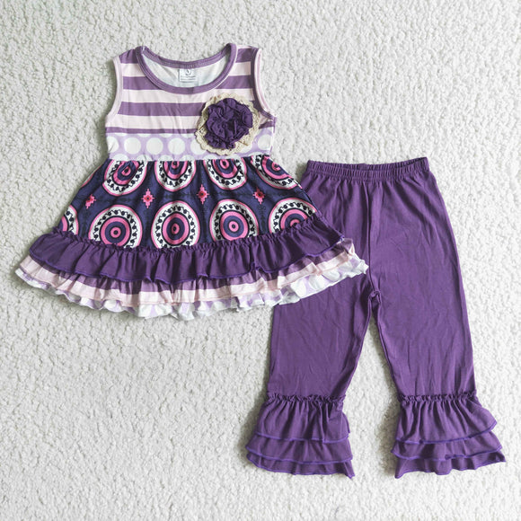 Purple Stripe Floral Girls Short Sleeve+Trousers Sets
