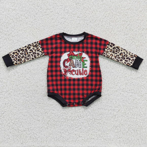 Candy cane cutie Letters Plaid Leopard Print Red Girls Christmas Romper