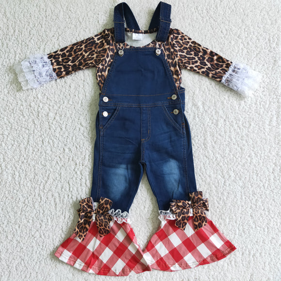 Leopard Print Lace Top Girls Suspender Pants Overalls Sets