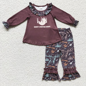 Promotional Daddy's Hunting Buddy Letters Jungle Girls Long Sleeve+Trousers Sets