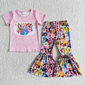 Promotional Cartoon Princess Pink Girls Short Sleeve+Trousers Sets