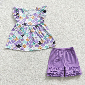 Promotional Scale Purple Ruffles Girls Shorts Sets
