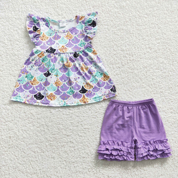 Promotional Scale Purple Ruffles Girls Shorts Sets