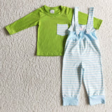 Green Top Sky Blue Stripes Suspender Pants Sets Boys Christmas Outfits