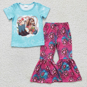 Rodeo Horse Gem Blue Girls Short Sleeve+Trousers Sets