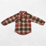 Pockets Brown Red Plaid Shirt Boys Long Sleeve Top