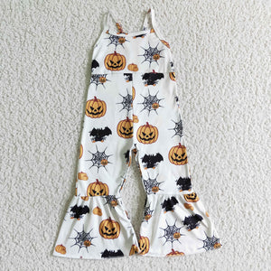 Pumpkin Spiderweb White Girls Halloween Jumpsuit