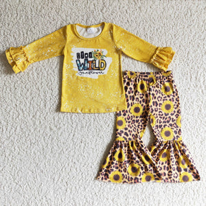 Promotional Wild Sunflower Yellow Leopard Print Girls Long Sleeve+Trousers Sets