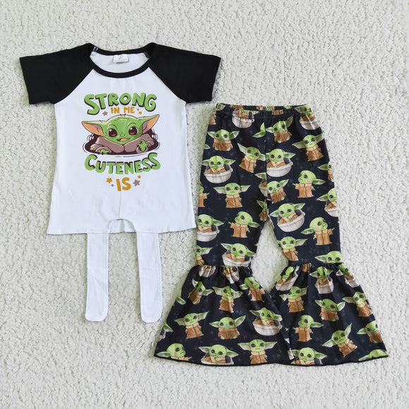 Promotional Cartoon Strong Criss-Cross Black White Girls Short Sleeve+Trousers Sets