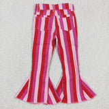 Hot Pink Red Stripes Flared Girls Jeans Pants