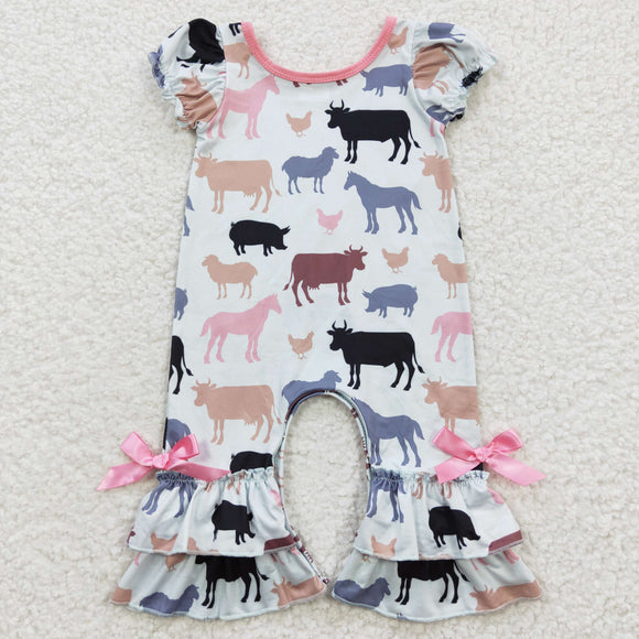 Cow Pig Horse Farm Animals Pink Girls Summer Romper