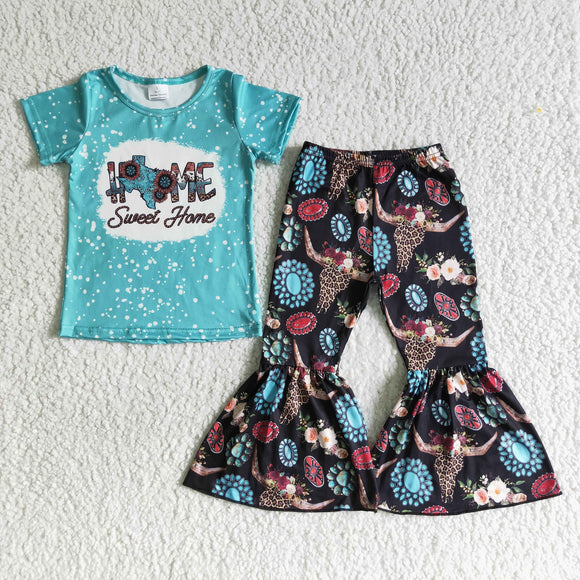 Promotional Sweet Home Cow Girls Short Sleeve+Trousers Sets