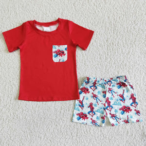 Cartoon Pocket Red Boys Shorts Sets